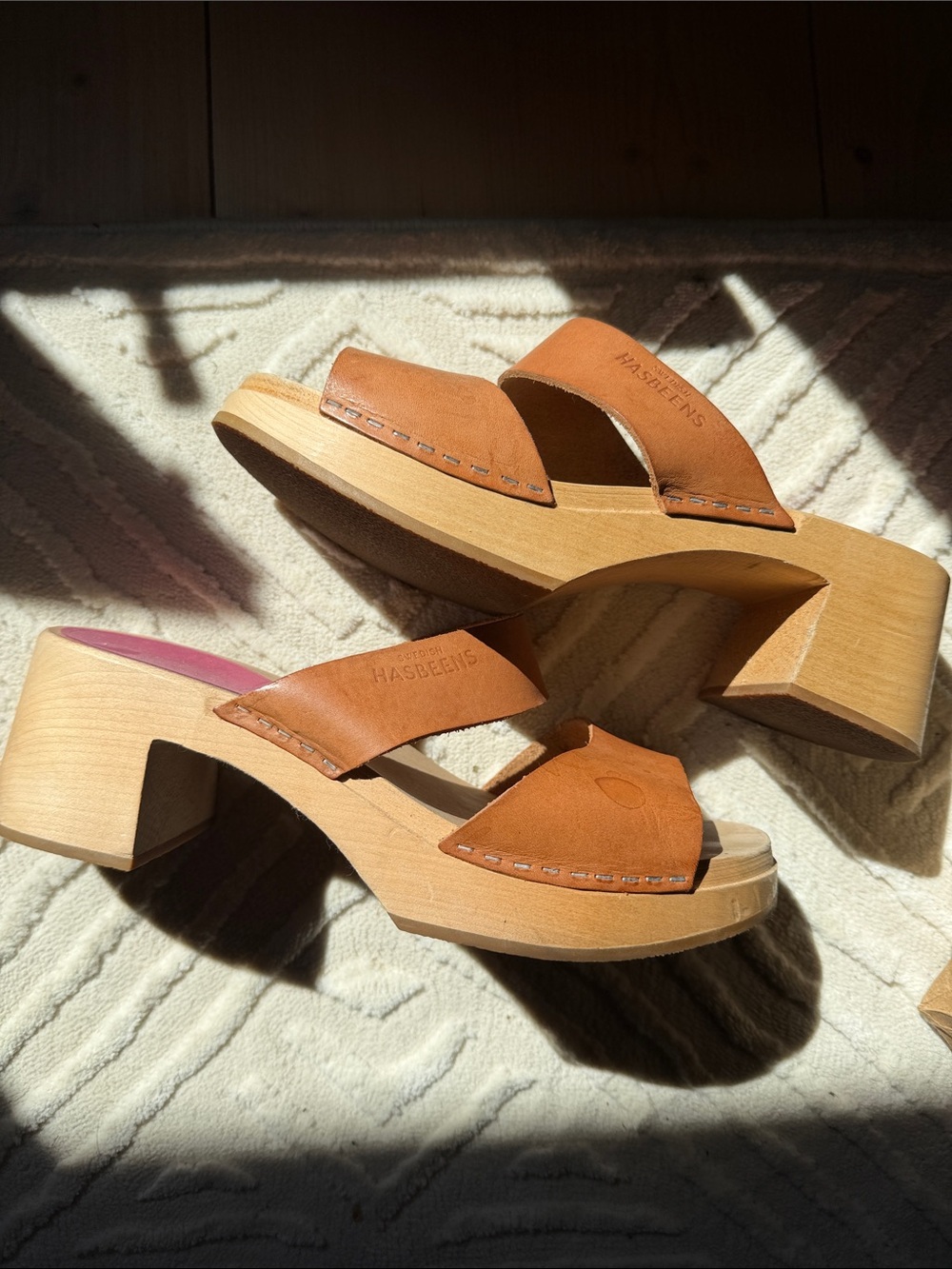 Swedish Hasbeens Cognac Leather Open-Toe Clogs